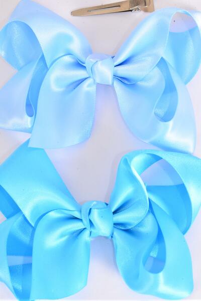 Hair Bow Large Satin Blue Mix Bow-tie / 12 pcs = Dozen Alligator Clip , Size - 4" x 3" Wide , 6 Sky Blue , 6 Turquoise Color Asst , Clip Strip & UPC Code