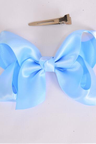Hair Bow Large Satin Sky Blue Bow-tie / 12 pcs = Dozen Sky Blue , Alligator Clip , Size - 4" x 3" Wide , Clip Strip & UPC Code