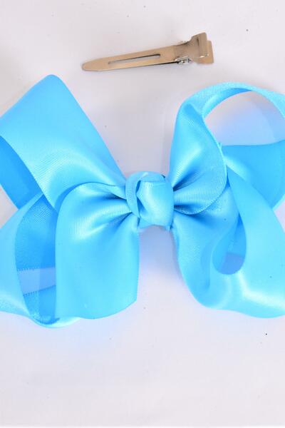 Hair Bow Large Satin Turquoise Bow-tie / 12 pcs = Dozen Turquoise , Alligator Clip , Size - 4" x 3" Wide , Clip Strip & UPC Code
