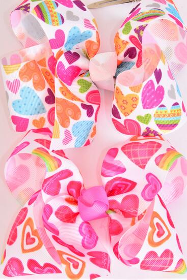 Hair Bow Jumbo Multi Hearts Grosgrain Bow-tie / 12 pcs Bow = Dozen   Alligator Clip , Bow - 6" x 5" Wide , 4 of each Pattern Asst , Clip Strip & UPC Code
