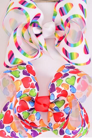Hair Bow Jumbo Multi Hearts Grosgrain Bow-tie / 12 pcs Bow = Dozen Heart , Alligator Clip , Size - 6" x 5" Wide , 6 of each Pattern Asst , Clip Strip & UPC Code