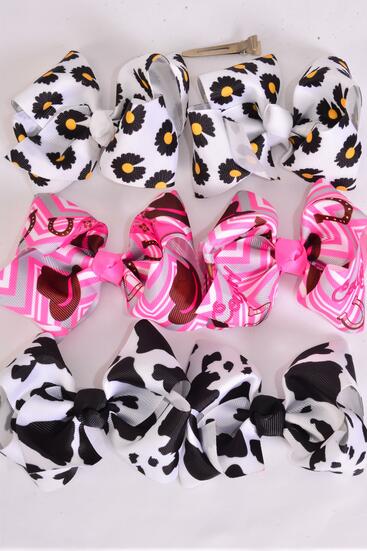 Hair Bow 24 pcs Cow Daisy Cowgirl Pattern Mix Grosgrain Bow-tie / 24 pcs Bow = Dozen Alligator Clip , Size - 4" x 3" Wide , 4 Cow , 4 Daisy , 4 Cowgirl Pattern Mix , Clip Strip & UPC Code