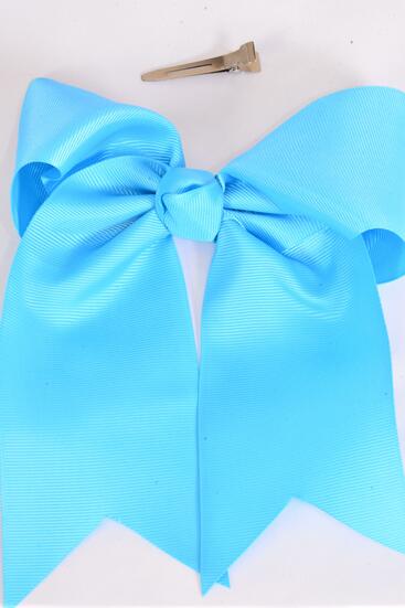 Hair Bow Extra Jumbo Long Tail Cheer Type Bow Turquoise Grosgrain Bow-tie /  12 pcs Bow = Dozen Alligator Clip , Size - 6.5" x 6" Wide , Clip Strip & UPC Code