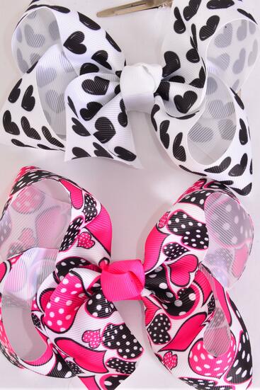 Hair Bow Jumbo Heart Mix Grosgrain Bow-tie / 12 pcs Bow = Dozen Alligator Clip , Size - 6" x 5" Wide , 6 of each Pattern Asst , Clip Strip & UPC Code