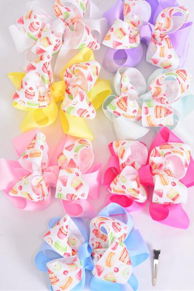 Hair Bow Jumbo Double Layered DesertC upcake Macaroon Cake Mix Grosgrain Bow-tie Pastel / 12 pcs Bow = Dozen Alligator Clip , Size - 6" x 5" , 2 White , 2 Baby Pink , 2 Lavender , 2 Hot Pink , 2 Mint Green ,1 Blue ,1 Yellow Color Asst , Clip Strip & UPC Code