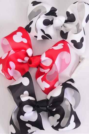 Hair Bow Jumbo Mouse Ear Red White Black Mix Grosgrain Bow-tie / 12 pcs Bow = Dozen  Alligator Clip , Size - 6" x 5" Wide , 4 Red , 4 White , 4 Black Color Mix , Clip Strip & UPC Code