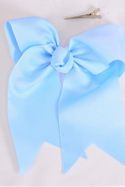 Hair Bow Extra Jumbo Long Tail Cheer Type Bow Sky Blue Grosgrain Bow-tie / 12 pcs Bow = Dozen   Alligator Clip , Size - 6.5" x 6" Wide , Clip Strip & UPC Code