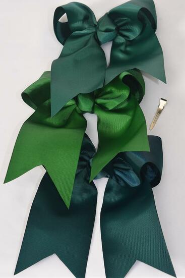 Hair Bow Extra Jumbo Long Tail Cheer Type Bow Spruces Hunter Green Forest Green Mix Grosgrain Bow-tie / 12 pcs Bow = Dozen Alligator Clip , Size - 6.5" x 6" Wide , 4 Spruces , 4 Hunter Green , 4 Forest Green Color Asst , Clip Strip & UPC Code
