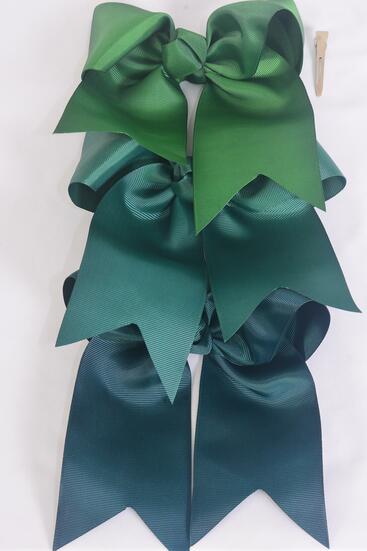 Hair Bow Extra Jumbo Long Tail Cheer Type Bow Spruces Hunter Green Forest Green Mix Grosgrain Bow-tie / 12 pcs Bow = Dozen Alligator Clip , Size - 6.5" x 6" Wide , 4 Spruces , 4 Hunter Green , 4 Forest Green Color Asst , Clip Strip & UPC Code