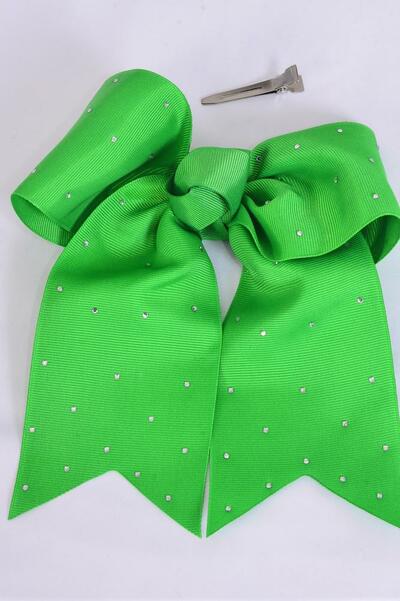 Hair Bow Extra Jumbo Long Tail Cheer Type Bow Irish Green Clear Stone Studded Grosgrain Bow-tie / 12 pcs Bow = Dozen Classic Green , Alligator Clip , Size - 6.5" x 6" Wide , Clip Strip & UPC Code
