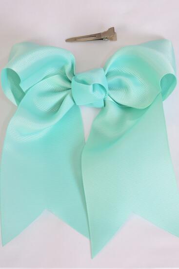 Hair Bow Extra Jumbo Long Tail Cheer Type Bow Aqua Grosgrain Bow-tie / 12 pcs Bow = Dozen Aqua , Alligator Clip , Size - 6.5" x 6" Wide , Clip Strip & UPC Code