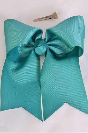 Hair Bow Extra Jumbo Long Tail Cheer Type Bow Teal Green Grosgrain Bow-tie / 12 pcs Bow = Dozen Alligator Clip , Size - 6.5" x 6" Wide , Clip Strip & UPC Code