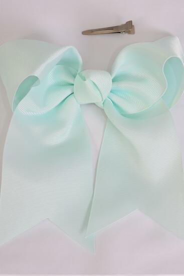 Hair Bow Extra Jumbo Long Tail Cheer Type Bow Mint Green Grosgrain Bow-tie / 12 pcs Bow = Dozen  Alligator Clip , Size - 6.5" x 6" Wide ,  Clip Strip & UPC Code