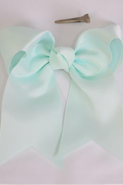 Hair Bow Extra Jumbo Long Tail Cheer Type Bow Mint Green Grosgrain Bow-tie / 12 pcs Bow = Dozen  Alligator Clip , Size - 6.5" x 6" Wide ,  Clip Strip & UPC Code