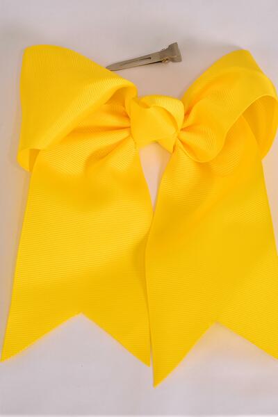 Hair Bow Extra Jumbo Long Tail Cheer Type Bow Yellow Grosgrain Bow-tie / 12 pcs Bow = Dozen  Alligator Clip , Size - 6.5" x 6" Wide , Daffodil Yellow , Clip Strip & UPC Code