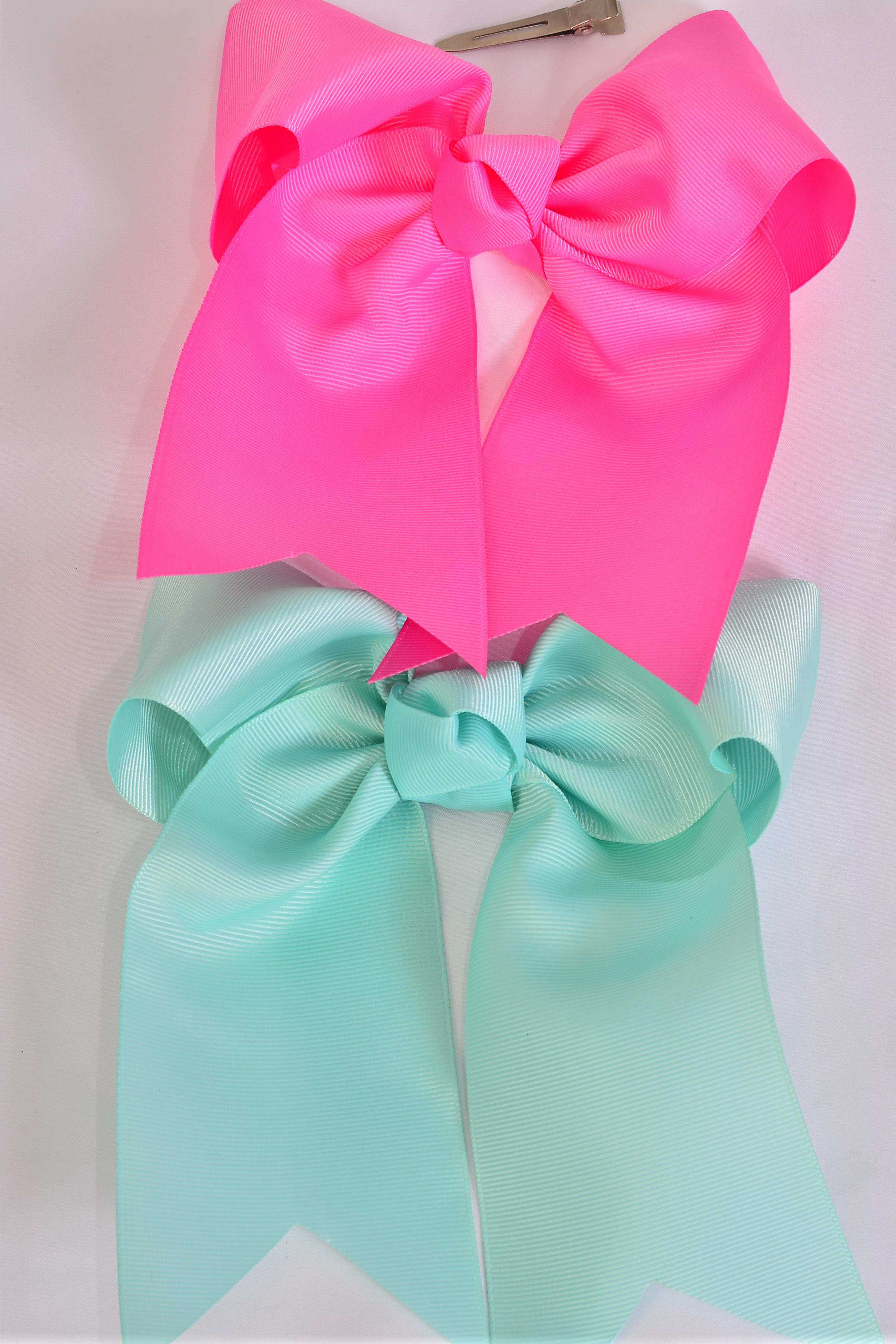 Hair Bow Extra Jumbo Long Tail Cheer Type Bow Hot Pink Aqua Color Mix ...