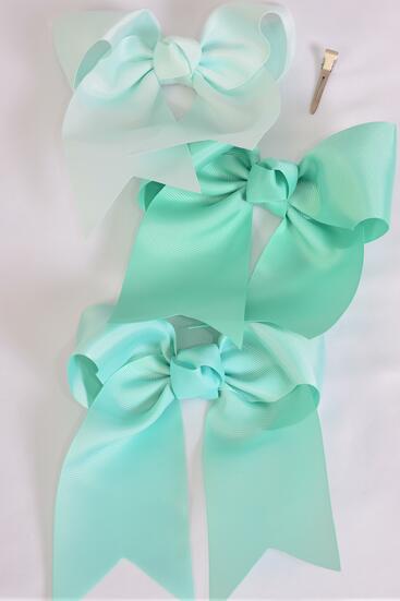 Hair Bow Extra Jumbo Long Tail Cheer Type Bow Mint Green Mix Grosgrain Bow-tie / 12 pcs Bow = Dozen Alligator Clip , Size - 6.5" x 6" Wide , 4 Tropic , 4 Aqua ,4 Mint Green Asst , Clip Strip & UPC Code