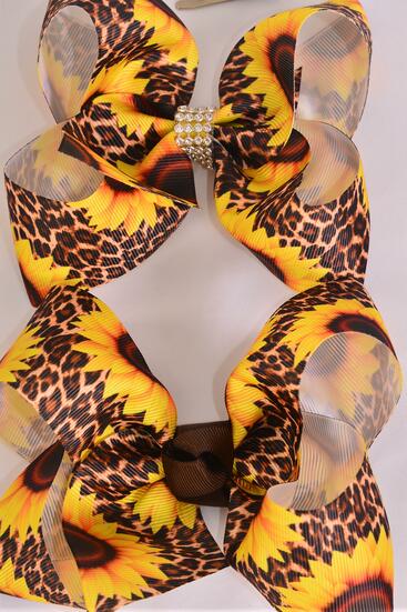 Hair Bow Jumbo Leopard Sunflower Grosgrain Bow-tie / 12 pcs Bow = Dozen Alligator Clip , Size - 6" x 5" Wide , Clip Strip and UPC Code