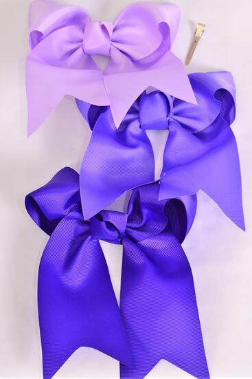 Hair Bow Extra Jumbo Long Tail Cheer Type Bow Purple Mix Grosgrain Bow-tie / 12 pcs Bow = Dozen  Alligator Clip , Size - 6.5" x 6" Wide , 4 Purple , 4 Lilac , 4 Lavender Color Asst , Clip Strip & UPC Code