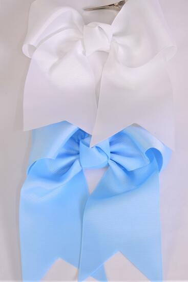 Hair Bow Extra Jumbo Long Tail Cheer Type Bow Sky Blue White Color Mix Grosgrain Bow-tie / 12 pcs Bow = Dozen  Alligator Clip , Size - 6.5" x 6" Wide , 6 Sky Blue , 6 White Color Asst , Clip Strip & UPC Code