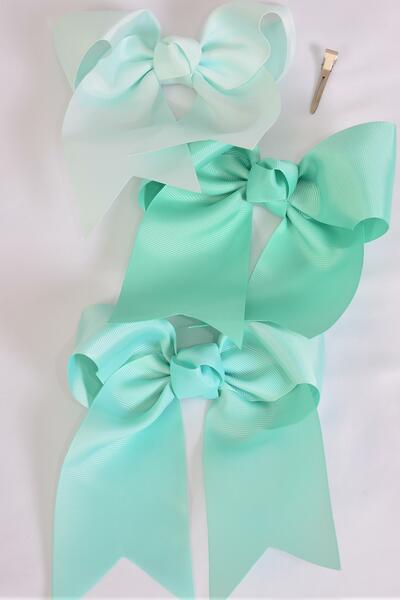 Hair Bow Extra Jumbo Long Tail Cheer Type Bow Mint Green Mix Grosgrain Bow-tie / 12 pcs Bow = Dozen Alligator Clip , Size - 6.5" x 6" Wide , 4 Tropic , 4 Aqua ,4 Mint Green Asst , Clip Strip & UPC Code