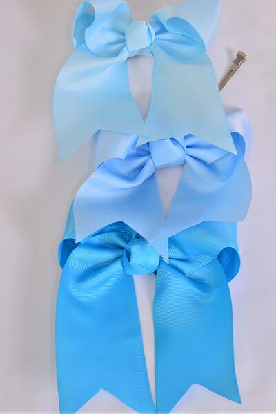Hair Bow Extra Jumbo Long Tail Cheer Type Bow Blue Color Mix Grosgrain Bow-tie / 12 pcs Bow = Dozen Alligator Clip , Size - 6.5" x 6" Wide , 4 Baby Blue , 4 Sky Blue , 4 Turquoise Color Asst , Clip Strip & UPC Code