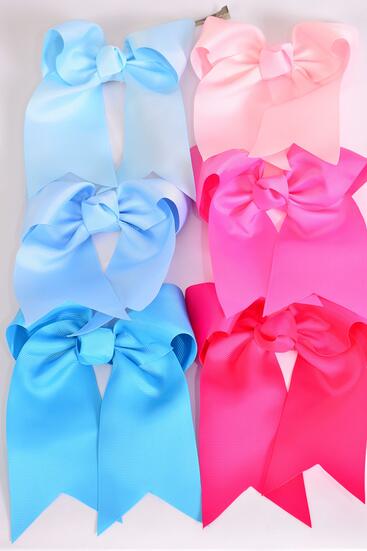 Hair Bow Extra Jumbo Long Tail Cheer Type Bow Pink Blue Mix Grosgrain Bow-tie / 12 pcs Bow = Dozen Alligator Clip , Size - 6.5" x 6" Wide , 2 Baby Pink , 2 Hot Pink , 2 Fuchsia , 2 Baby Blue , 2 Sky Blue , 2 Turquoise Mix , Clip Strip and UPC Code