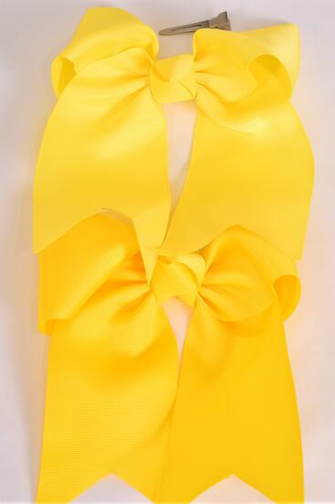Hair Bow Extra Jumbo Long Tail Cheer Type Bow Yellow mix Grosgrain Bow-tie / 12 pcs Bow = Dozen  Alligator Clip , Size - 6.5" x 6" Wide ,  Daffodil Yellow , Color Asst , Clip Strip & UPC Code