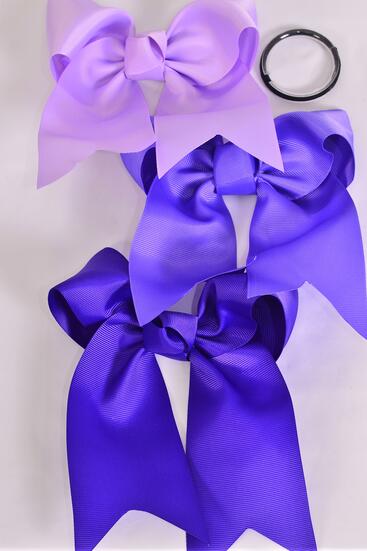 Hair Bow Extra Jumbo Long Tail Cheer Type Bow Purple Mix Elastic Grosgrain Bow-tie / 12 pcs Bow = Dozen Purple Mix , Elastic , Size - 6.5" x 6" Wide , 6 Purple , 6 Lavender Color Asst , Clip Strip & UPC Code