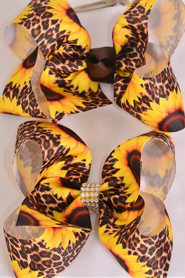 Hair Bow Jumbo Leopard Sunflower Grosgrain Bow-tie / 12 pcs Bow = Dozen Alligator Clip , Size - 6" x 5" Wide , Clip Strip and UPC Code