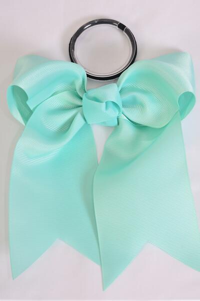 Hair Bow Extra Jumbo Long Tail Cheer Type Bow Aqua Elastic Grosgrain Bow-tie / 12 pcs Bow = Dozen Elastic , Size - 6.5" x 6" Wide , Clip Strip & UPC Code
