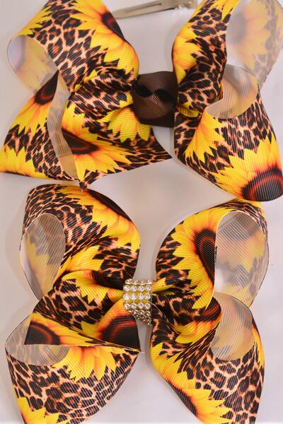 Hair Bow Jumbo Leopard Sunflower Grosgrain Bow-tie / 12 pcs Bow = Dozen Alligator Clip , Size - 6" x 5" Wide , Clip Strip and UPC Code