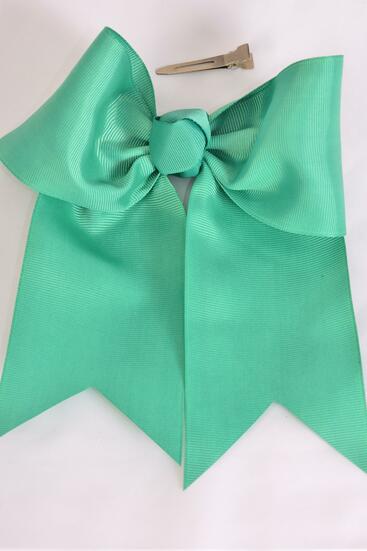 Hair Bow Extra Jumbo Long Tail Cheer Type Bow Caribbean Green Grosgrain Bow-tie / 12 pcs Bow = Dozen  Caribbean Green , Alligator Clip , Size - 6.5 x 6" Wide , Clip Strip & UPC Code
