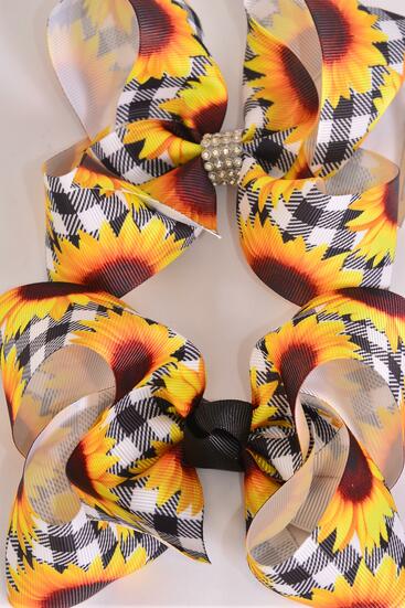 Hair Bow Jumbo Plaid Sunflower Grosgrain Bow-tie / 12 pcs Bow = Dozen  Alligator Clip , Size - 6" x 5" Wide , Clip Strip and UPC Code