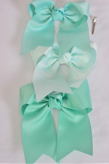 Hair Bow Extra Jumbo Long Tail Cheer Type Bow Mint Green Mix Grosgrain Bow-tie / 12 pcs Bow = Dozen Alligator Clip , Size - 6.5" x 6" Wide , 4 Tropic , 4 Aqua ,4 Mint Green Asst , Clip Strip & UPC Code