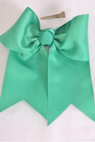 Hair Bow Extra Jumbo Long Tail Cheer Type Bow Caribbean Green Grosgrain Bow-tie / 12 pcs Bow = Dozen  Caribbean Green , Alligator Clip , Size - 6.5 x 6" Wide , Clip Strip & UPC Code