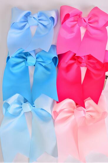 Hair Bow Extra Jumbo Long Tail Cheer Type Bow Pink Blue Mix Grosgrain Bow-tie / 12 pcs Bow = Dozen Alligator Clip , Size - 6.5" x 6" Wide , 2 Baby Pink , 2 Hot Pink , 2 Fuchsia , 2 Baby Blue , 2 Sky Blue , 2 Turquoise Mix , Clip Strip and UPC Code