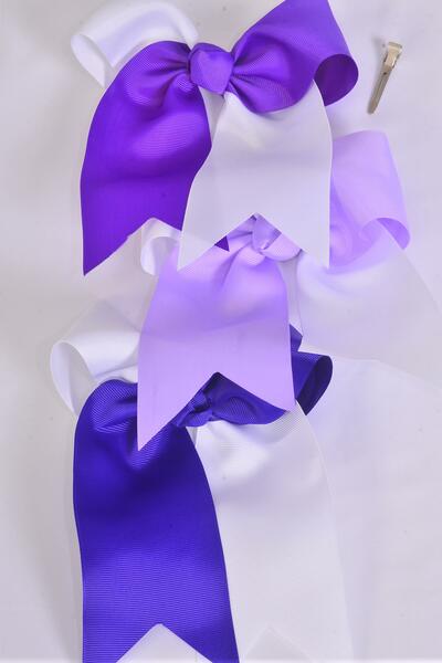 Hair Bow Extra Jumbo Long Tail Cheer Type Bow 2-tone  Purple Mix Grosgrain Bow-tie / 12 pcs Bow = Dozen  Purple Mix , Alligator Clip , Size - 6.5" x 6" Wide , 4 Purple , 4 Ultra Violet , 4 Lavender Color Asst , Clip Strip & UPC Code