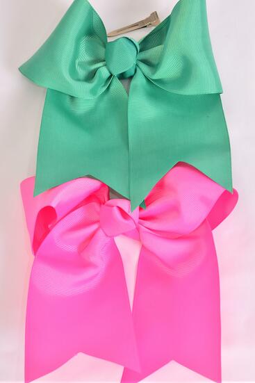 Hair Bow Extra Jumbo Long Tail Cheer Type Bow Caribbean Green Hot Pink Color Mix Grosgrain Bow-tie / 12 pcs Bow = Dozen Alligator Clip , Size - 6.5" x 6" Wide , 6 Caribbean Green , 6 Hot Pink Color Mix , Clip Strip & UPC Code