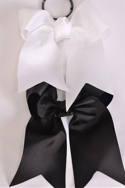 Hair Bow Extra Jumbo Long Tail Cheer Type Bow Elastic cheer Type Bow BLACK White Mix Grosgrain Bow-tie / 12 pcs Bow = Dozen Elastic , Size - 6.5" x 5" Wide , 6 Black , 6 White Mix , Clip Strip & UPC Code