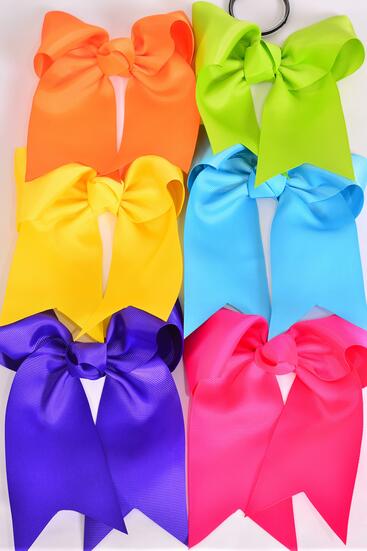 Hair Bow Extra Jumbo Long Tail Cheer Type Bow Citrus Elastic Grosgrain Bow-tie / 12 pcs Bow = Dozen Elastic Pony , Size - 6.5" x 6" Wide , 2 Fuchsia , 2 Blue , 2 Yellow , 2 Purple , 2 Lime ,2 Orange Color Mix , Clip Strip & UPC Code