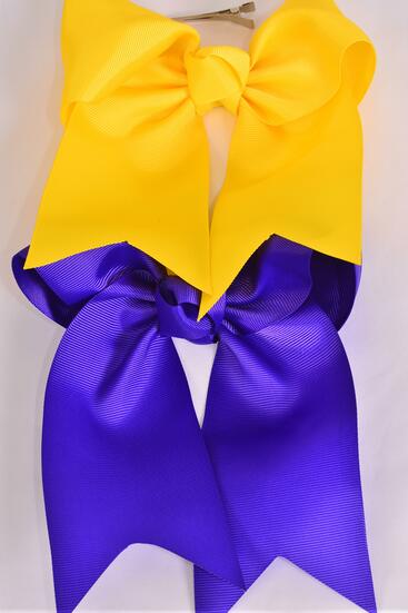 Hair Bow Extra Jumbo Long Tail Cheer Type Bow Purple Yellow Mix Grosgrain Bow-tie / 12 pcs Bow = Dozen Alligator Clip , Size - 6.5" x 6" Wide , 6 Purple , 6 Yellow Color Asst , Clip Strip and UPC Code