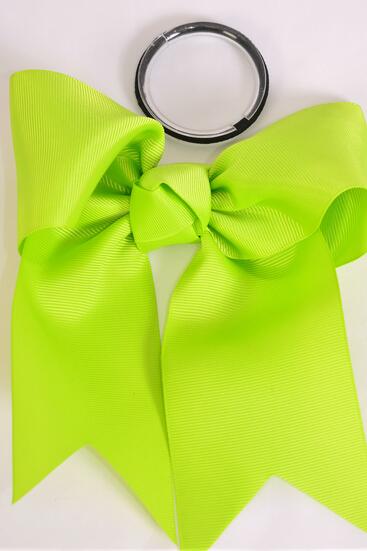 Hair Bow Extra Jumbo Long Tail Cheer Type Bow Lime Green Elastic Grosgrain Bow-tie / 12 pcs Bow = Dozen  Lime Green , Elastic , Size - 6.5" x 6" Wide , Clip Strip & UPC Code