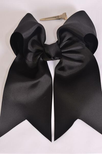 Hair Bow Extra Jumbo Long Tail Cheer Type Bow Black Grosgrain Bow-tie / 12 pcs Bow = Dozen Black , Alligator Clip , Size - 6.5" x 6" Wide , Clip Strip & UPC Code