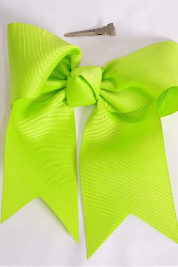 Hair Bow Extra Jumbo Long Tail Cheer Type Bow Lime Green Grosgrain Bow-tie / 12 pcs Bow = Dozen  Lime Green ,  Alligator Clip , Size - 6.5" x 6" Wide , Clip Strip & UPC Code