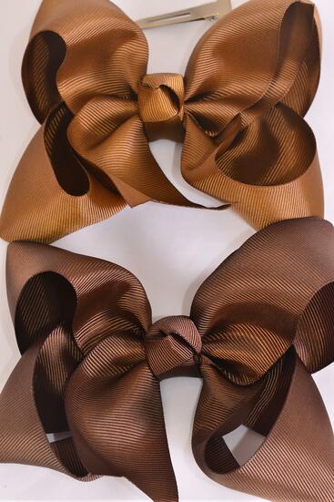 Hair Bow Jumbo Brown tone Mix Grosgrain Bow-tie / 12 pcs Bow = Dozen Alligator Clip , Size - 6" x 5" Wide , 6 Dark Brown , 6 Light Brown Pattern Mix , Clip Strip & UPC Code