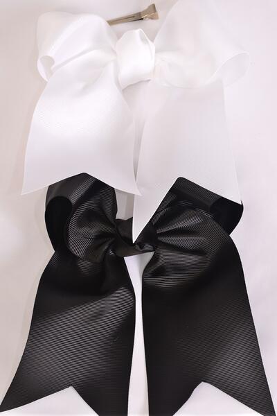 Hair Bow Extra Jumbo Long Tail Black White Mix Grosgrain Bow-tie / 12 pcs Bow = Dozen Alligator Clip , Size - 6.5" x 6" Wide , 6 Black , 6 White Color Asst , Clip Strip & UPC Code