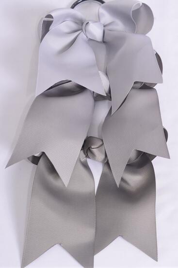 Hair Bow Extra Jumbo Long Tail Cheer Type Bow Gray Mix Elastic Grosgrain Bow-tie / 12 pcs Bow = Dozen Gray Mix , Elastic , Size - 6.5" x 6" Wide , 4 Silver Gray , 4 Light Gray , 4 Dark Gray Color Asst , Clip Strip & UPC Code