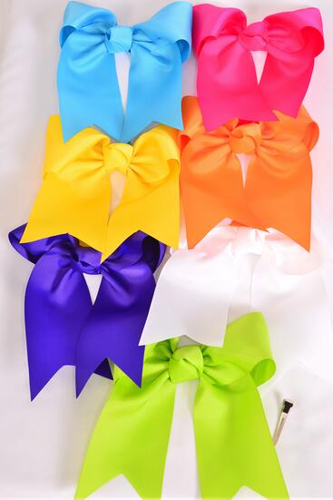 Hair Bow Extra Jumbo Long Tail Cheer Type Bow Multi Grosgrain Bow-tie / 12 pcs Bow = Dozen Alligator Clip , Size - 6.5" x 6" Wide , 2 Fuchsia , 2 Blue , 2 Yellow , 2 Purple , 2 White , 2 Lime ,2 Orange Color Mix , Clip Strip & UPC Code