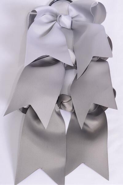 Hair Bow Extra Jumbo Long Tail Cheer Type Bow Gray Mix Elastic Grosgrain Bow-tie / 12 pcs Bow = Dozen Gray Mix , Elastic , Size - 6.5" x 6" Wide , 4 Silver Gray , 4 Light Gray , 4 Dark Gray Color Asst , Clip Strip & UPC Code